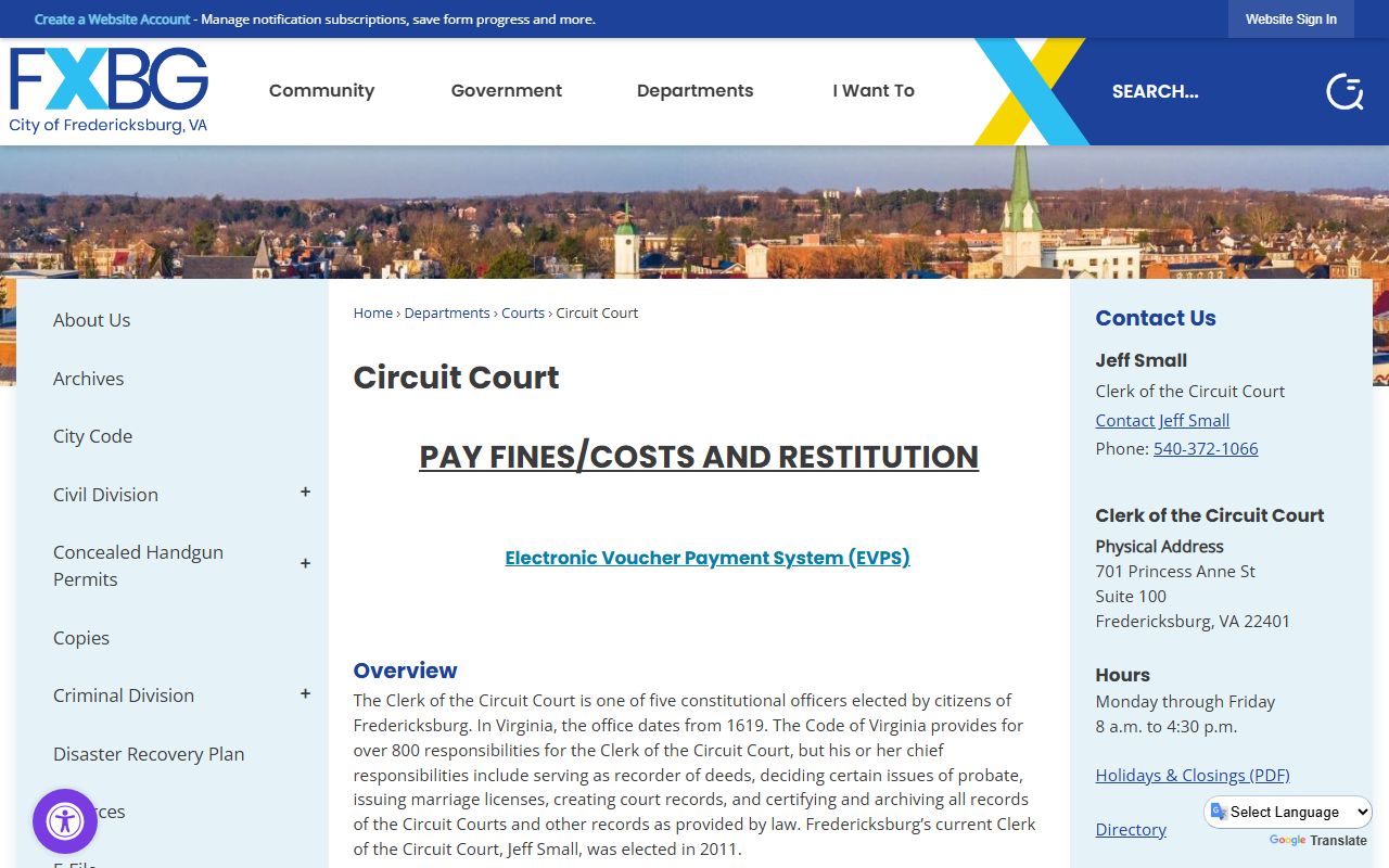Fredericksburg Circuit Court criminal records access page