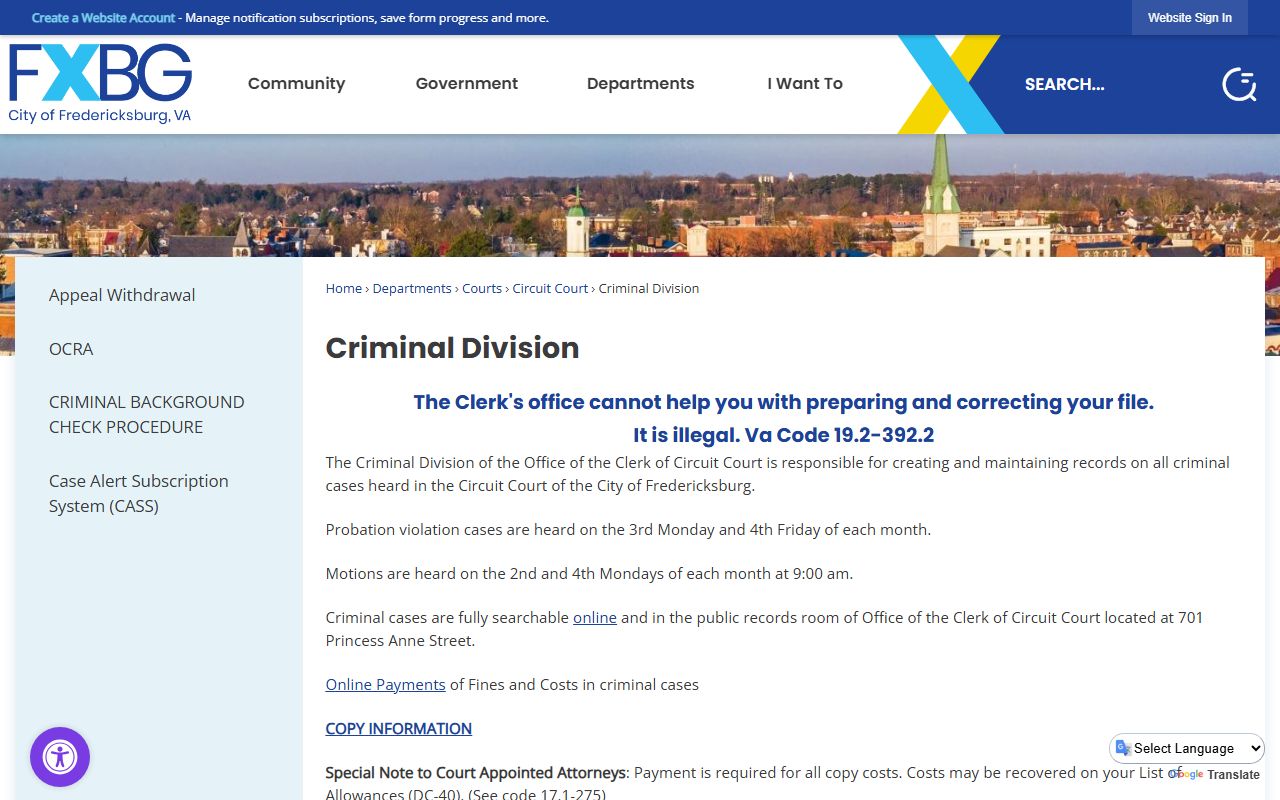 Fredericksburg Circuit Court Criminal Division records page