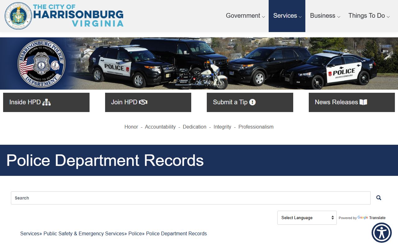 Harrisonburg Police Department records request page