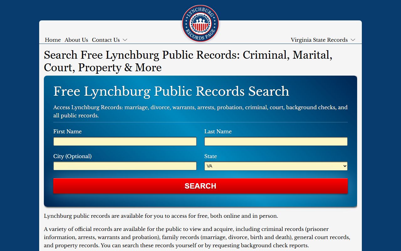 Lynchburg Virginia records search page