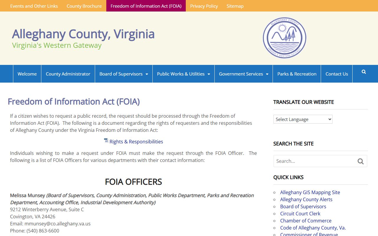 Alleghany County FOIA page listing officers for criminal history record requests