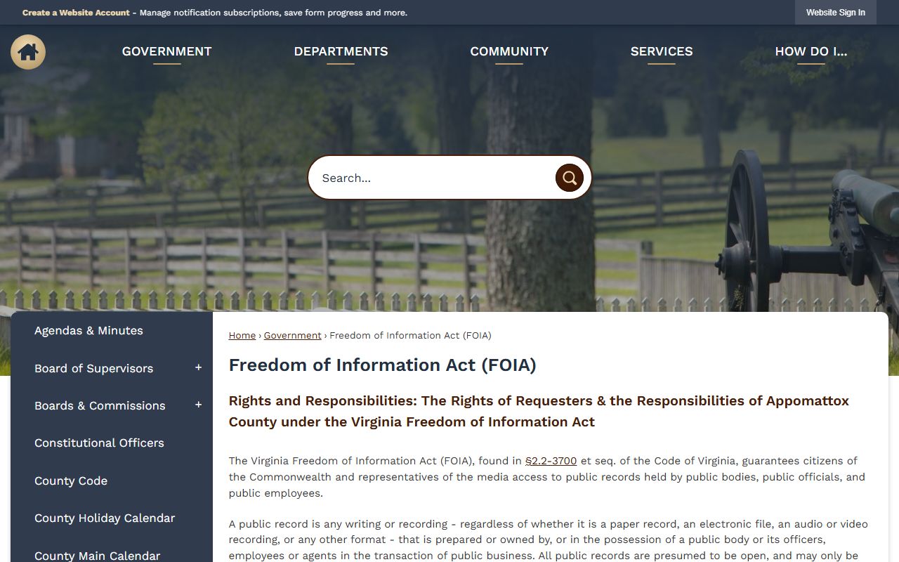 Appomattox County FOIA page for criminal history record requests
