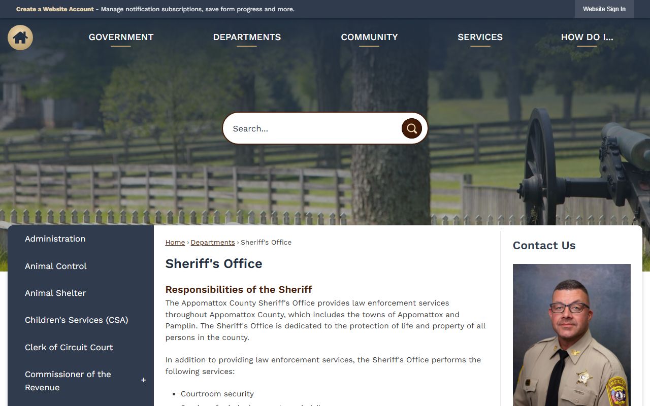 Appomattox County Sheriff's Office page with criminal history contact information