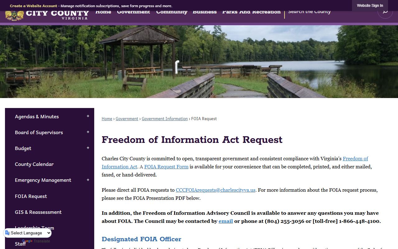 Charles City County FOIA request page for criminal records