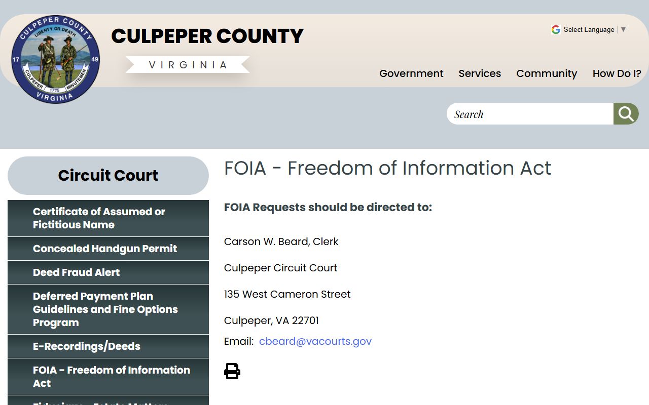 Culpeper County Circuit Court FOIA page for criminal records