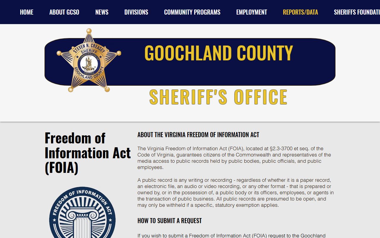 Goochland County Sheriff FOIA page for criminal records access