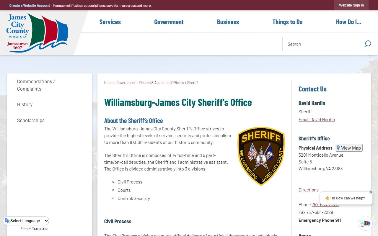 James City County Sheriff's Office - criminal history resources