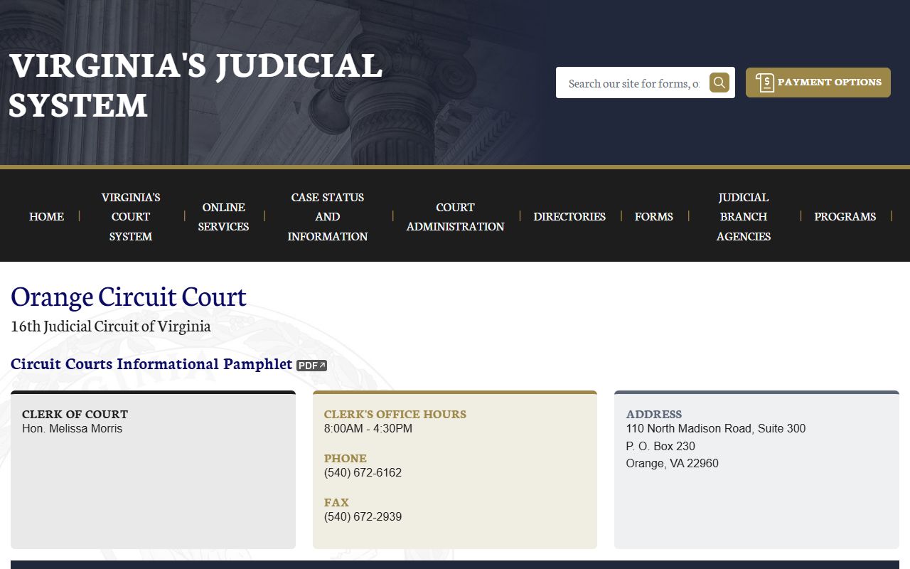 Orange County Circuit Court criminal history records page on Virginia Judiciary