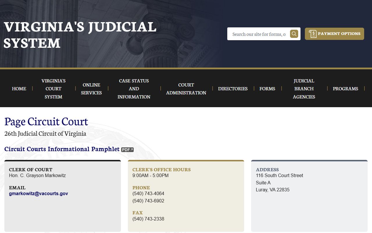 Page County Circuit Court page on Virginia Judiciary showing criminal history records