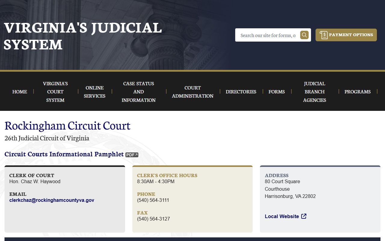 Rockingham County Circuit Court on Virginia Judiciary showing criminal history records and clerk contact