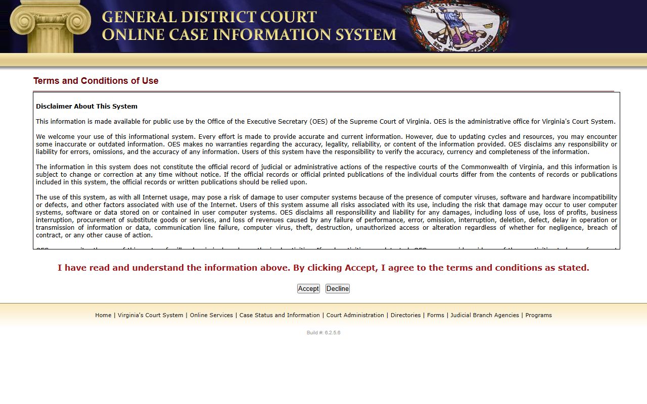 Virginia General District Court online case system for searching criminal and traffic records