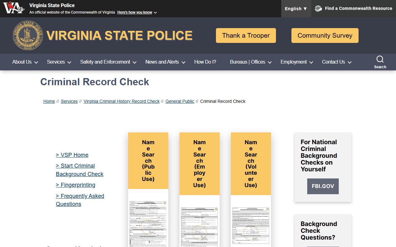 Virginia criminal history records check page at the Virginia State Police website