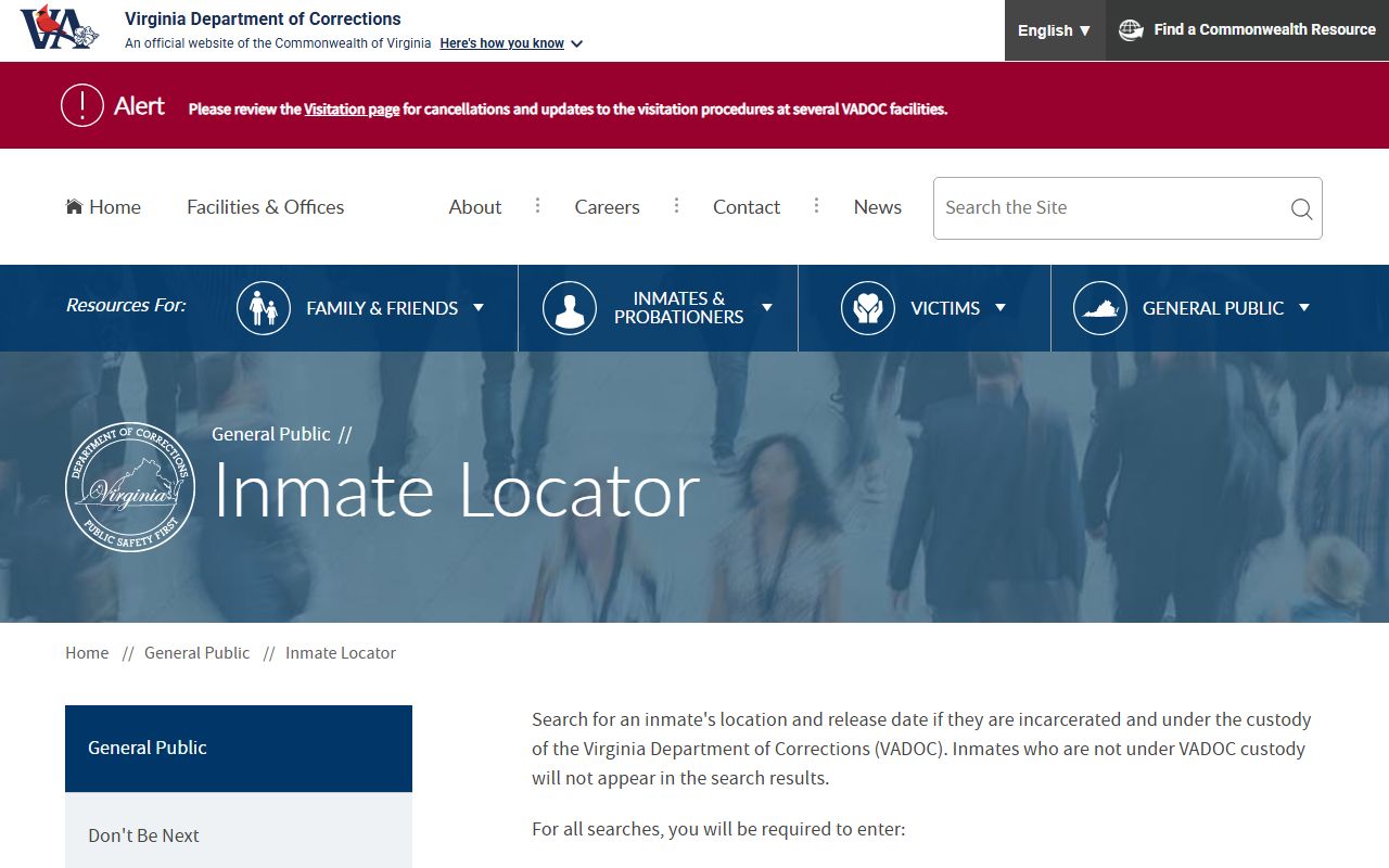 VADOC inmate locator page for finding Virginia Department of Corrections inmates