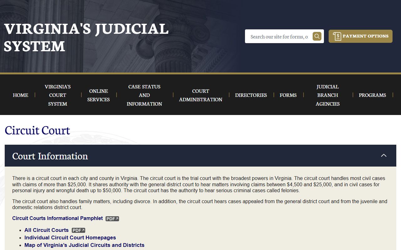 Virginia circuit courts home page showing all circuit court locations for criminal history records