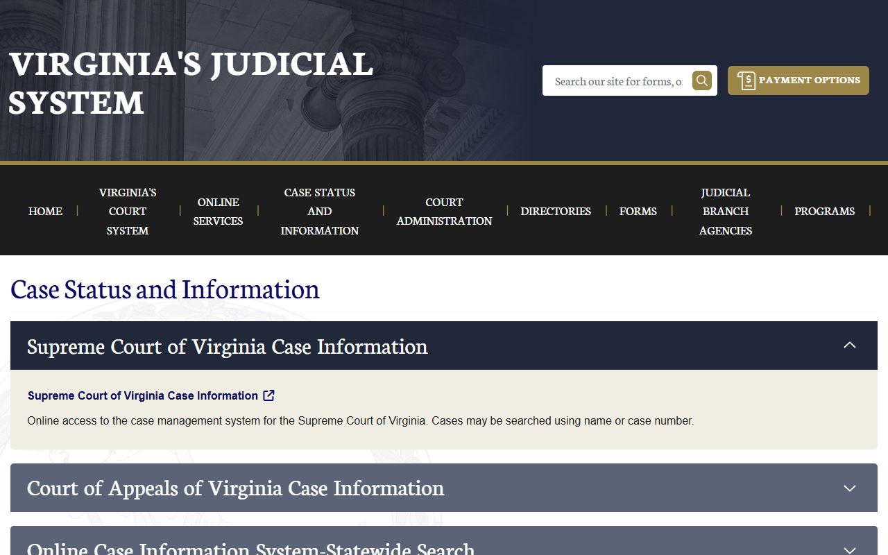 Virginia Courts case information home page for searching criminal and civil cases online