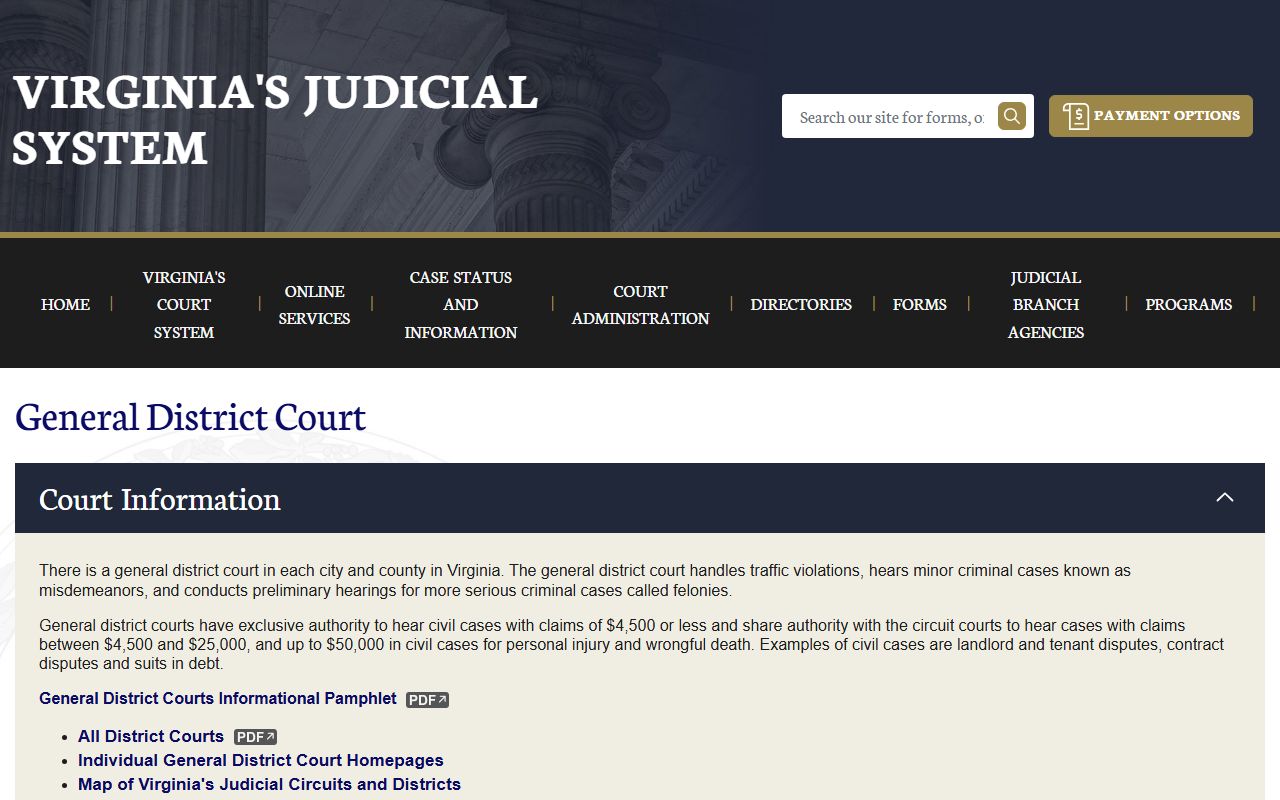 Virginia General District Courts home page for searching misdemeanor and traffic criminal history records