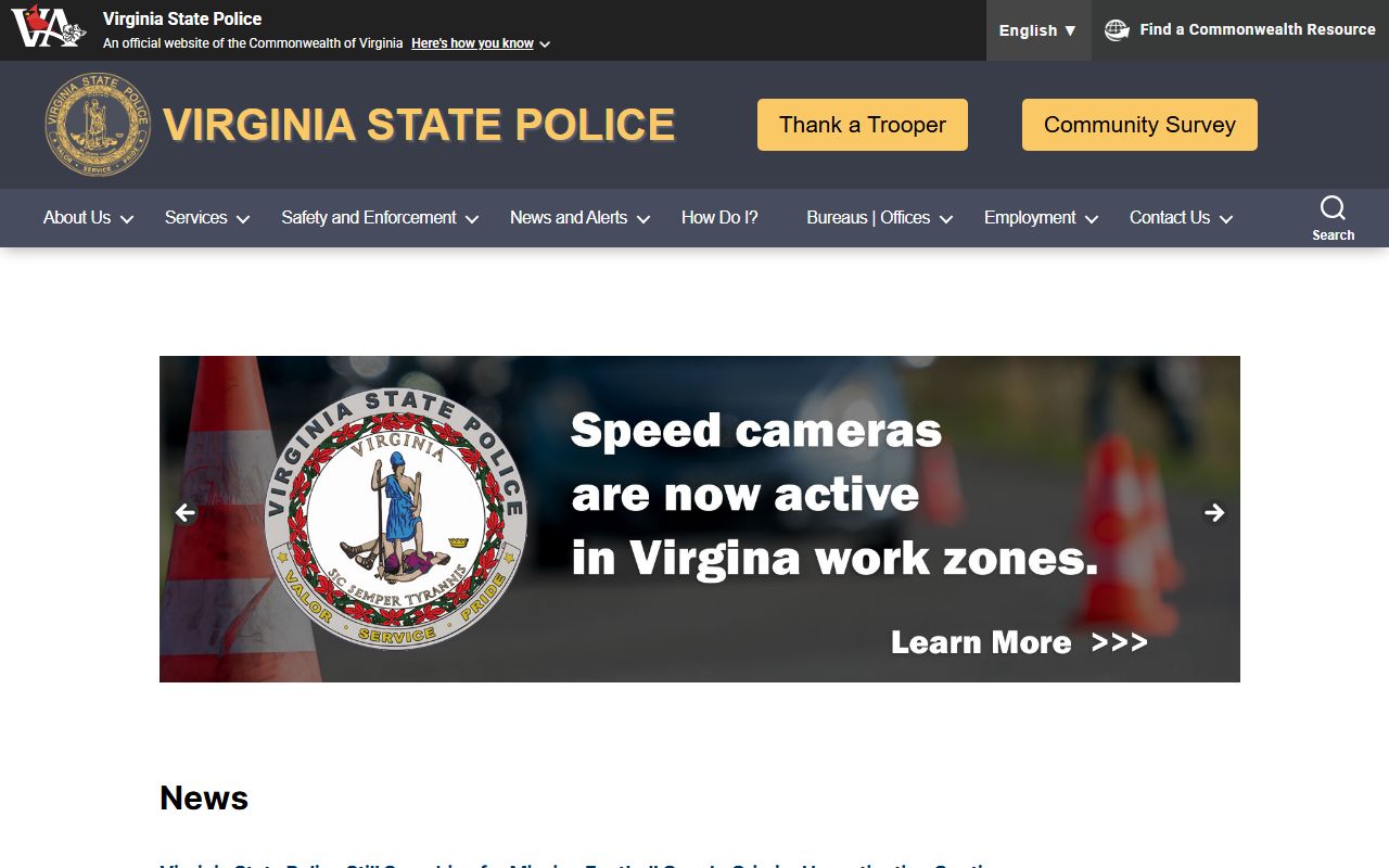 Virginia State Police home page for criminal history and public safety services