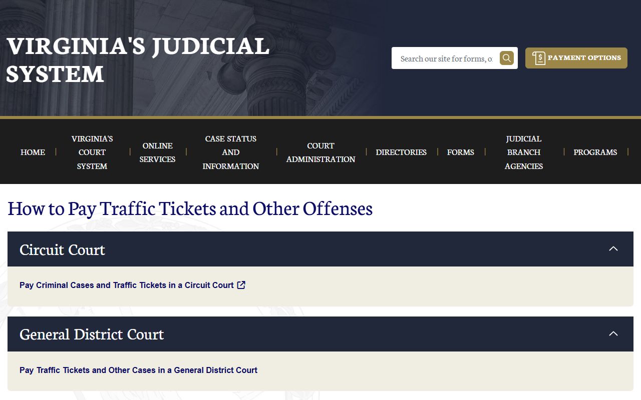 Virginia Courts traffic ticket case information and lookup page